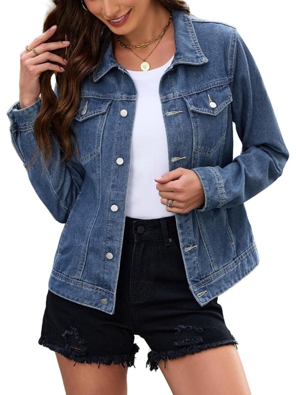 Womens Knight Blue Long Sleeve Button Down Fitted Cropped Denim Jean Jacket Coat